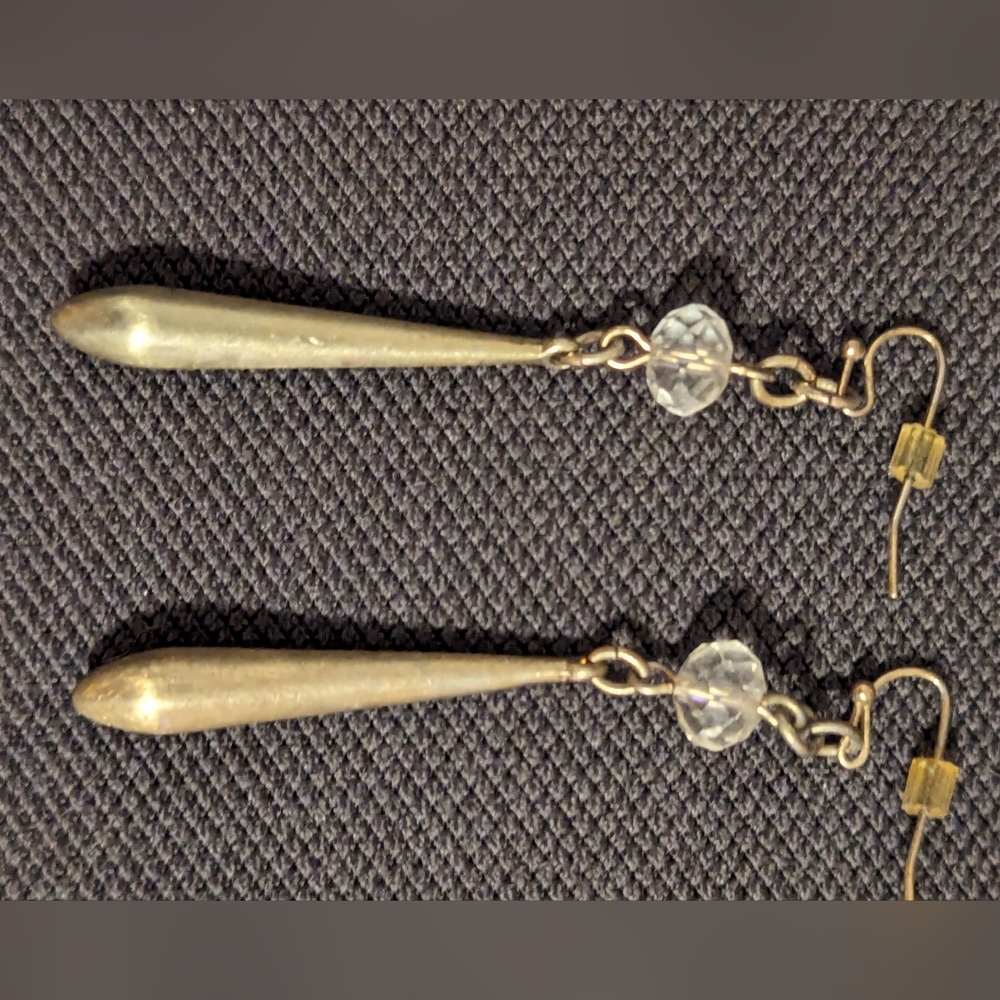 Vintage Petal Drop Gold Brass and Clear Glass Dangle Earrings